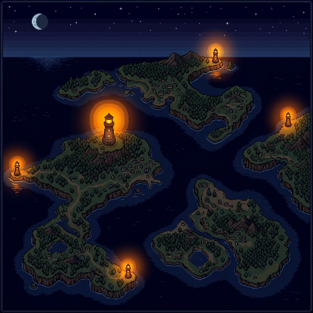 Pixel art archipelago map with lighthouse beacons glowing at strategic points, dark channels between unlit islands