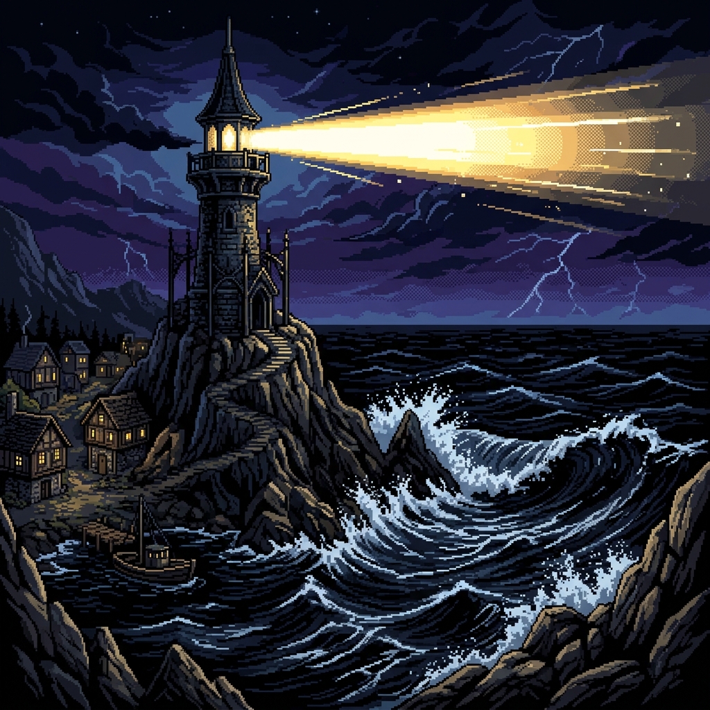 Pixel art lighthouse casting a beam over dark rising waters with a coastal village behind
