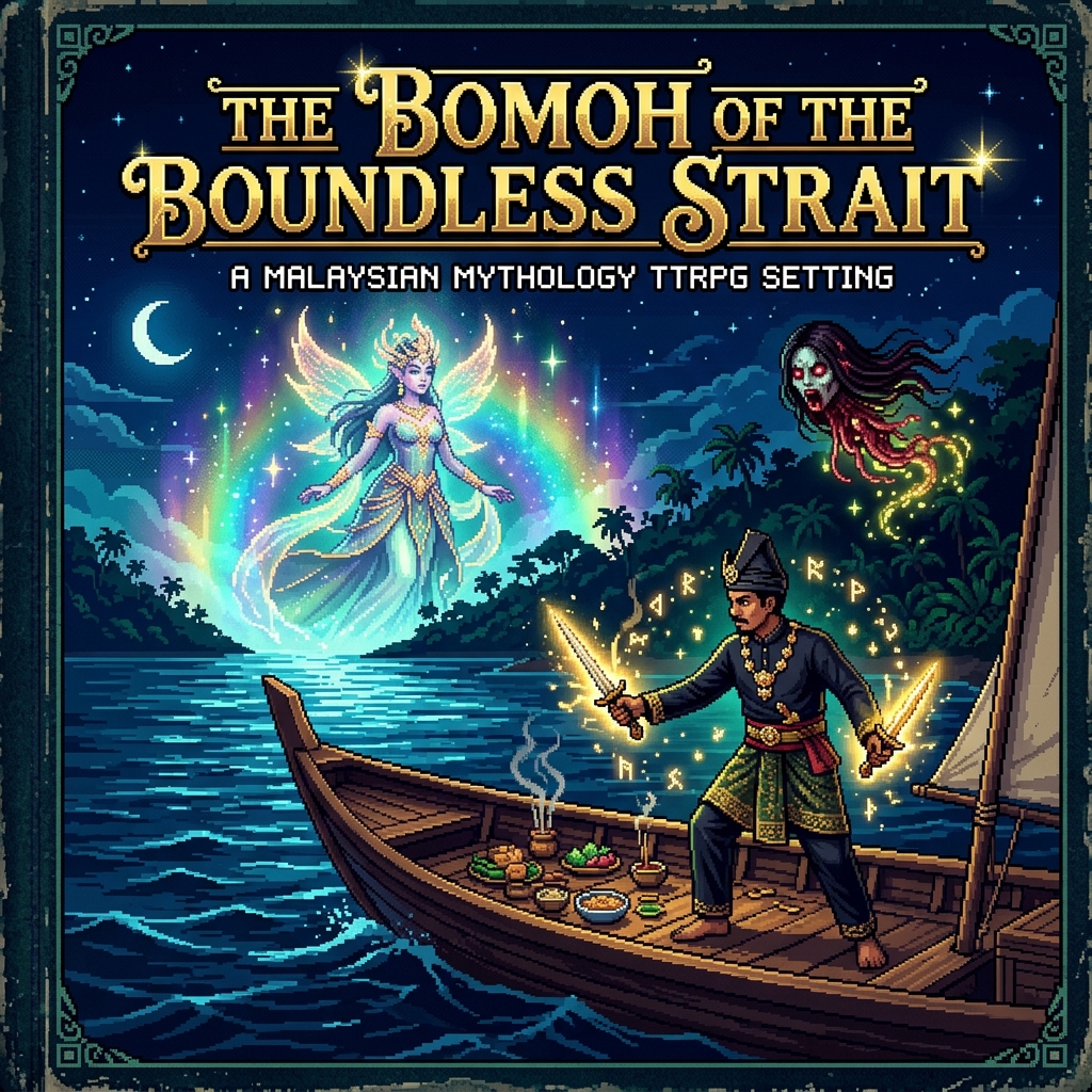 Pixel art cover of The Bomoh of the Boundless Strait showing a bomoh shaman with keris daggers and an Orang Bunian fairy and Penanggalan