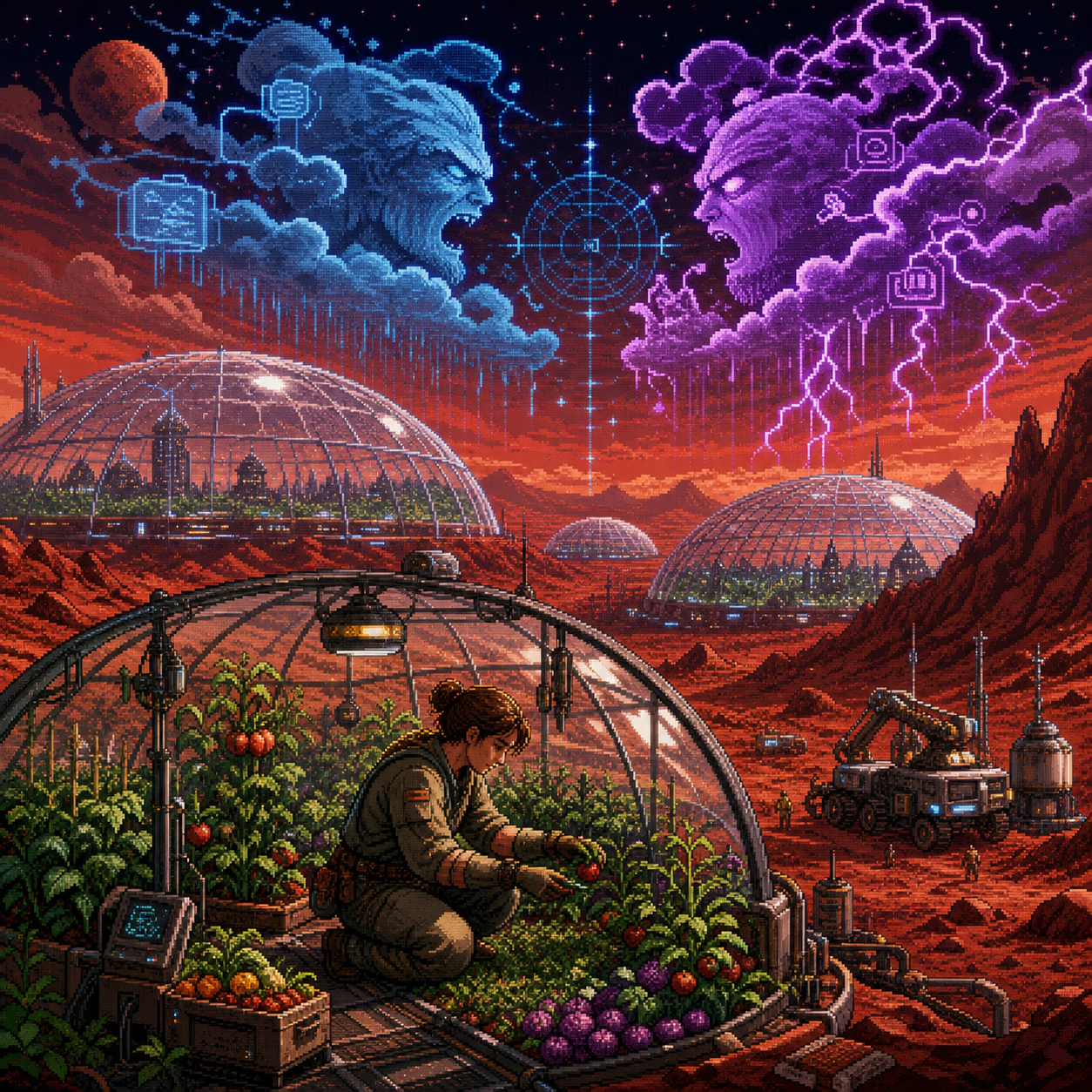 Pixel art Martian domes at sunset with settlers walking between them