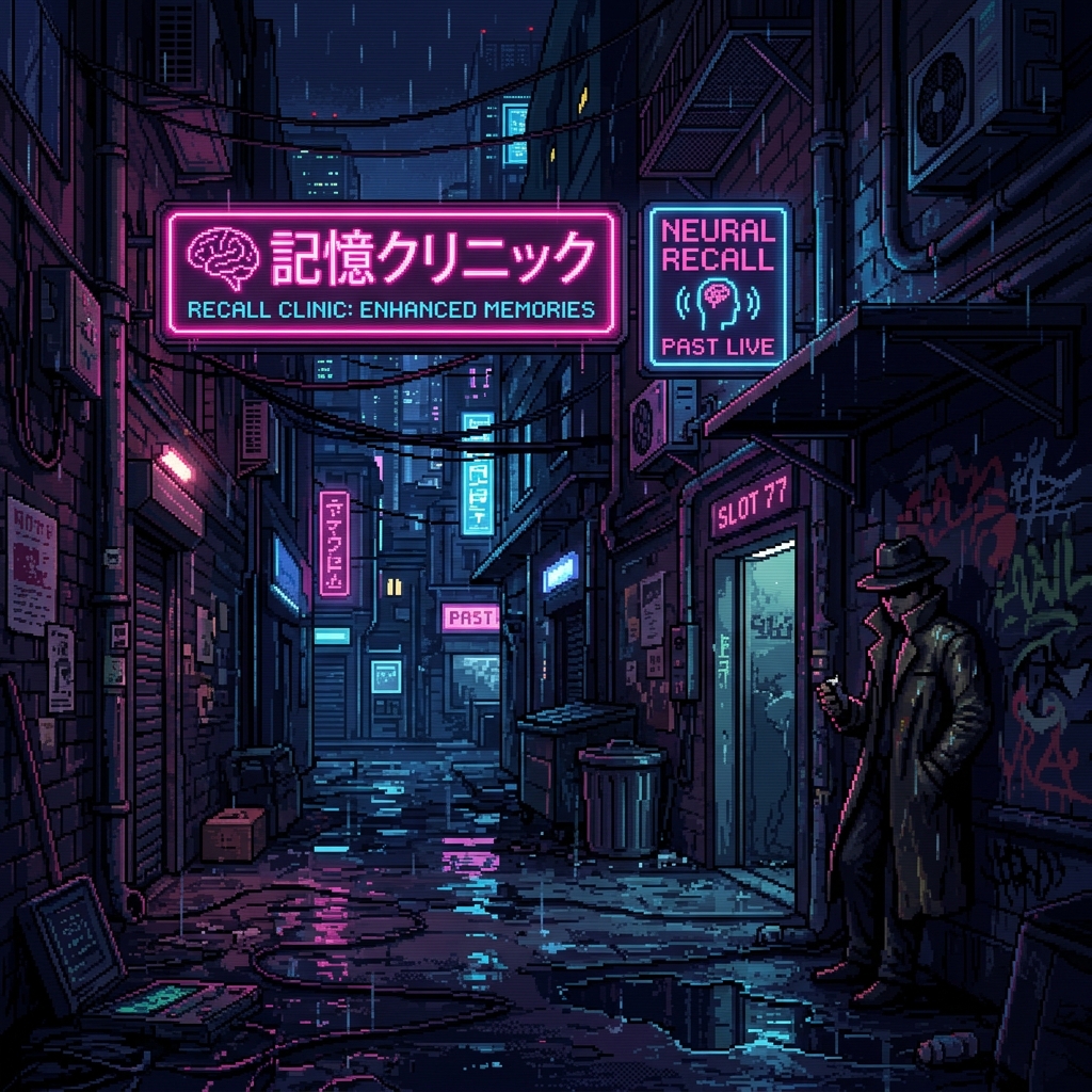 Pixel art rain-slicked cyberpunk alley at night with glowing neon signs for memory clinics and a shadowed dealer in a trenchcoat