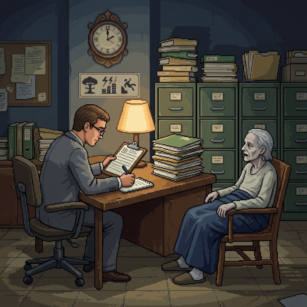 Pixel art clerk in a dim office recording words from a dying figure while a clock on the wall shows future events