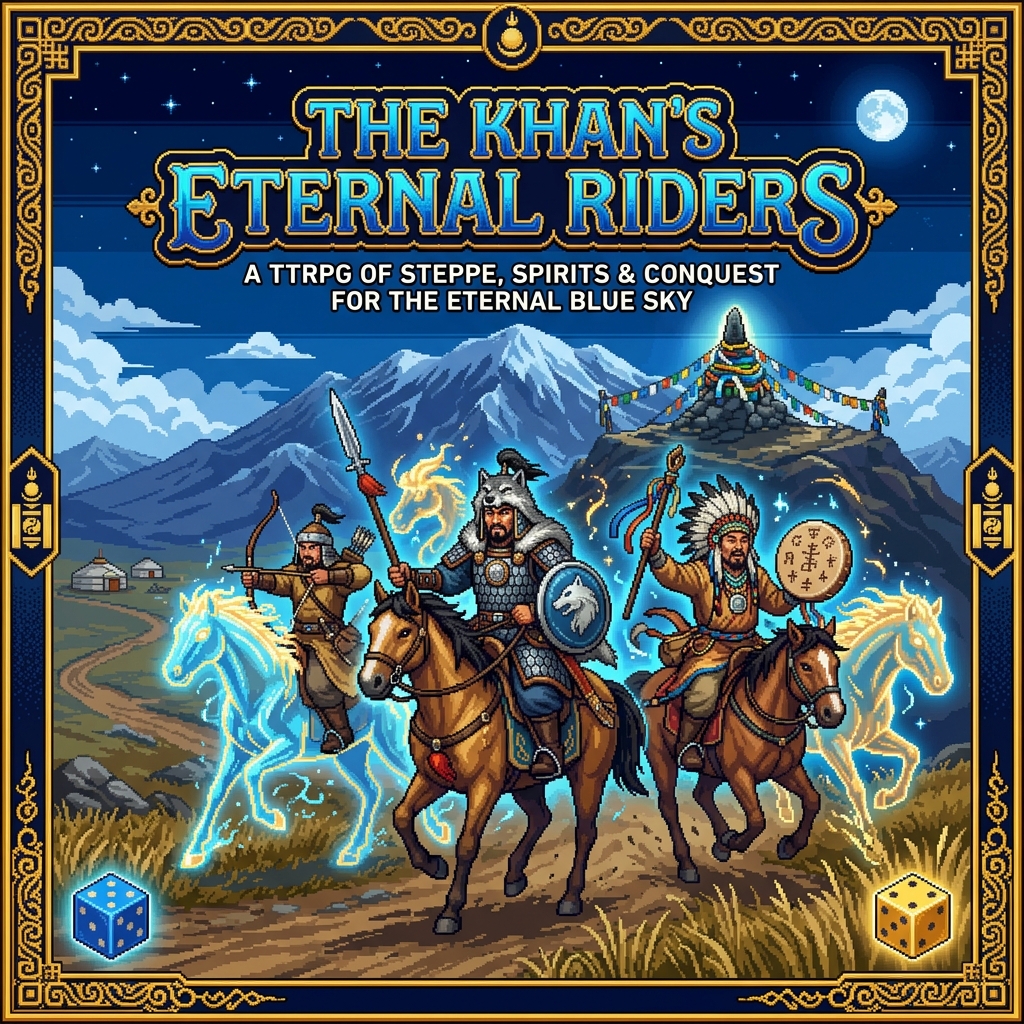 Pixel art cover of The Khan's Eternal Riders showing Mongolian warrior-shamans on horseback against a vast sky with spirit forms visible in the clouds above the steppe