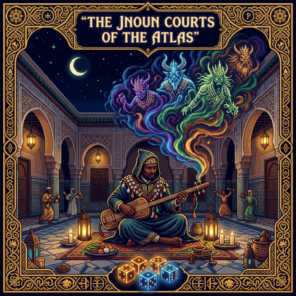 Pixel art cover of The Jnoun Courts of the Atlas showing a Gnawa Maalem performing the lila ceremony with Jnoun spirit forms appearing in the incense smoke above them in a Moroccan courtyard