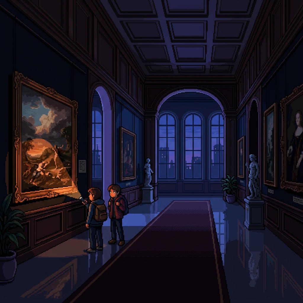 Pixel art elegant gallery space at night with two figures examining a painting by flashlight, careful and deliberate