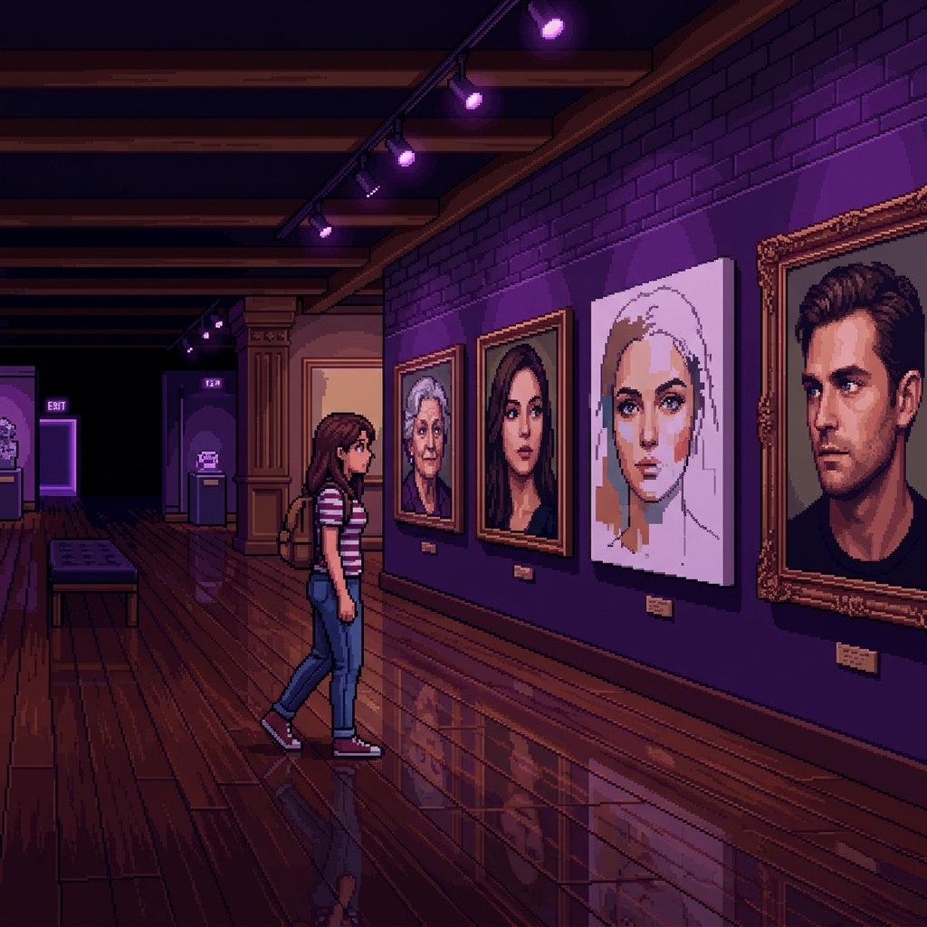 Pixel art museum gallery with portrait paintings whose eyes follow visitors, one portrait half-formed