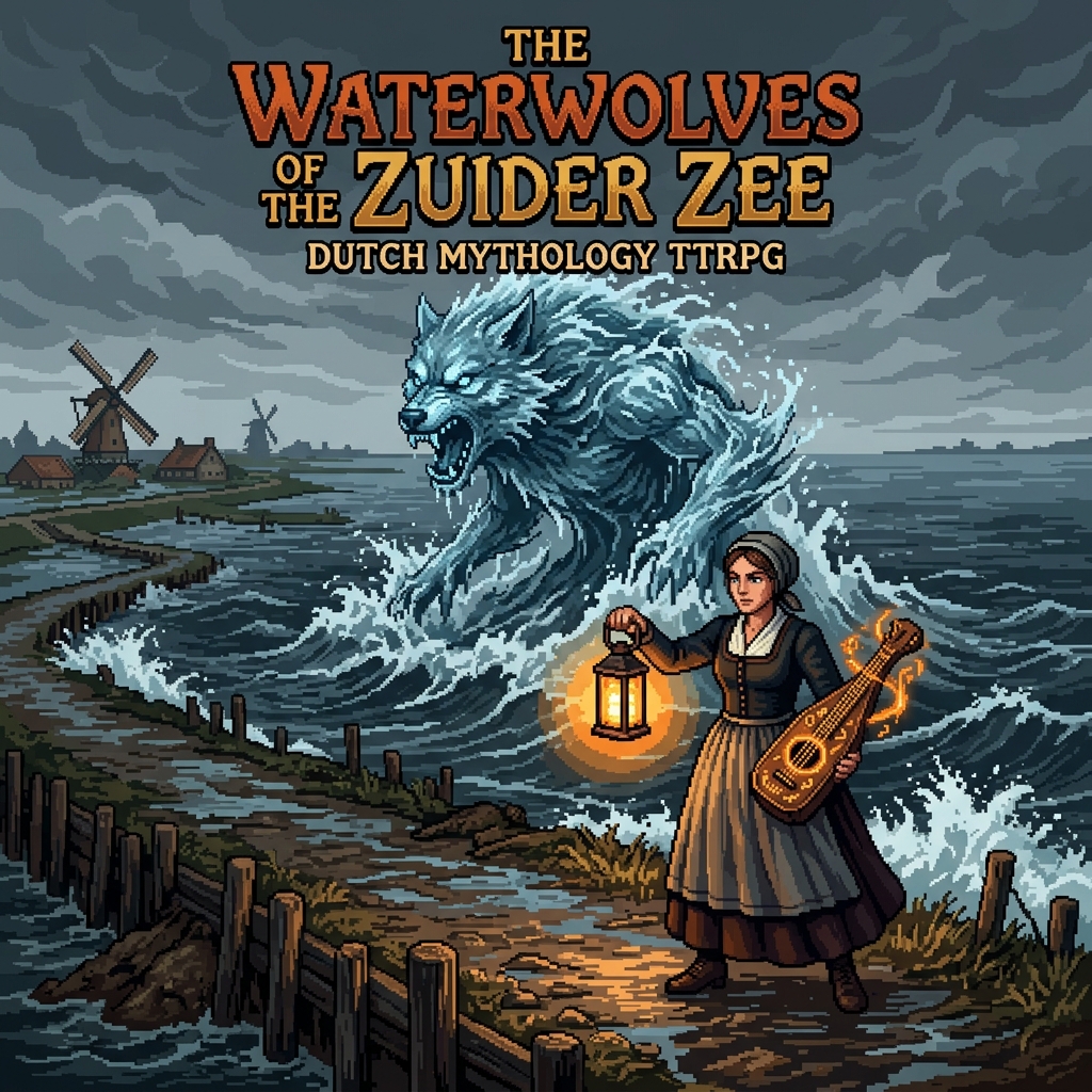 Pixel art cover of The Waterwolves of the Zuider Zee showing a water spirit rising from a flooded Dutch polder with windmills and dykes