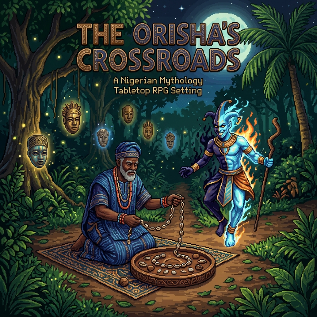 Pixel art cover of The Orisha's Crossroads showing a Yoruba babalawo casting the Ifa divination chain with Eshu manifesting at a forest crossroads