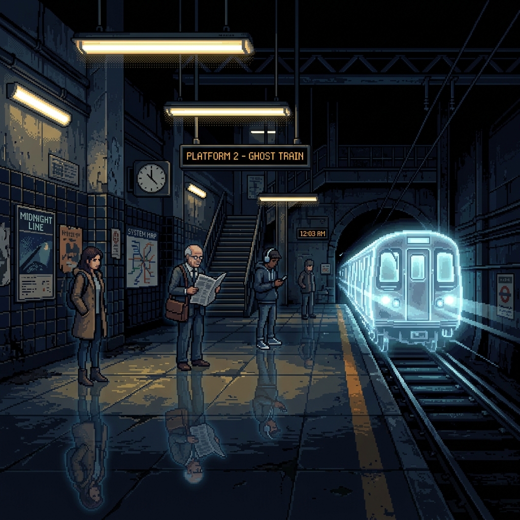 Pixel art dark train station at midnight with a ghostly train arriving, passengers waiting with fading reflections