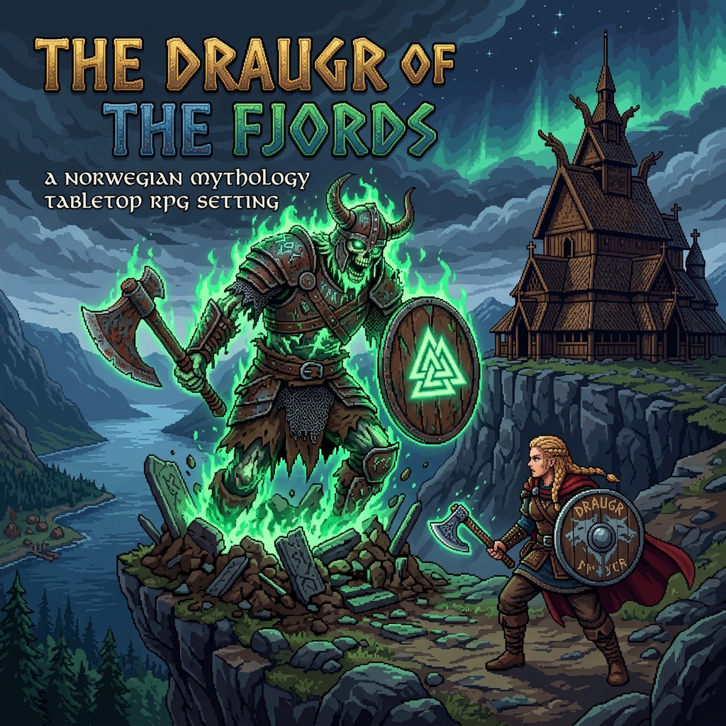 Pixel art cover of The Draugr of the Fjords showing an undead Viking draugr warrior rising from a burial mound with a shield-maiden ready to fight