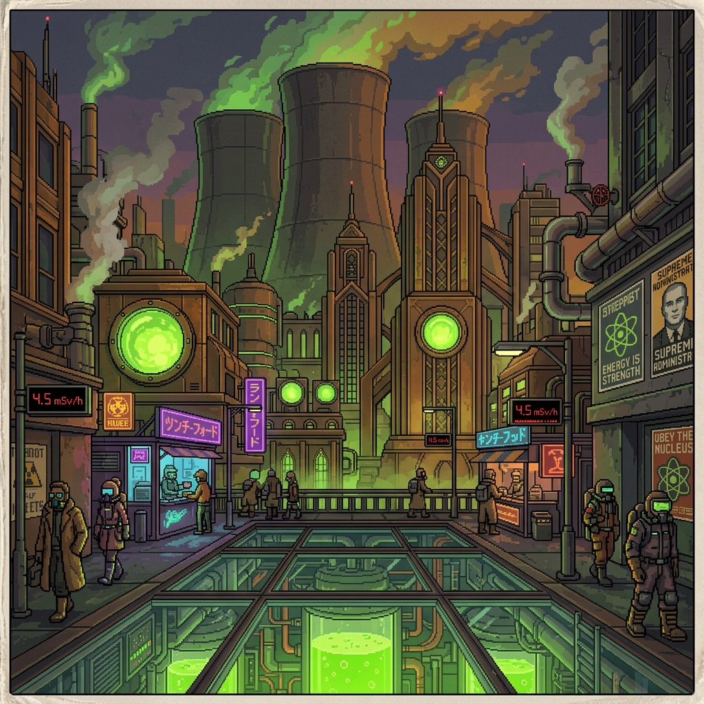 Pixel art cover of Fission Cities showing Art Deco nuclear towers, glowing reactor viewports in streets, and citizens in hazmat-chic fashion