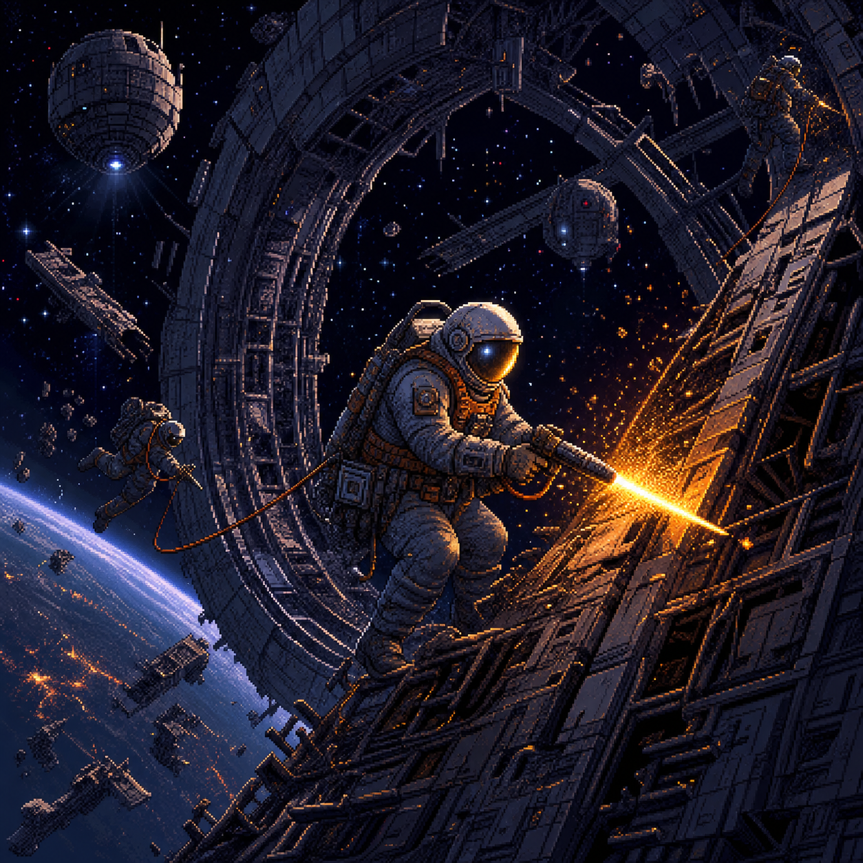 Pixel art salvage workers outside a shattered orbital station