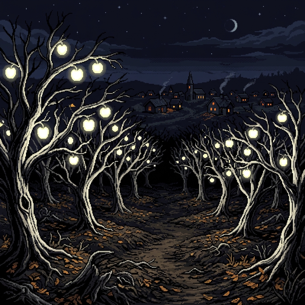 Pixel art dark orchard with gnarled trees bearing pale glowing fruit, a rural town visible in the background