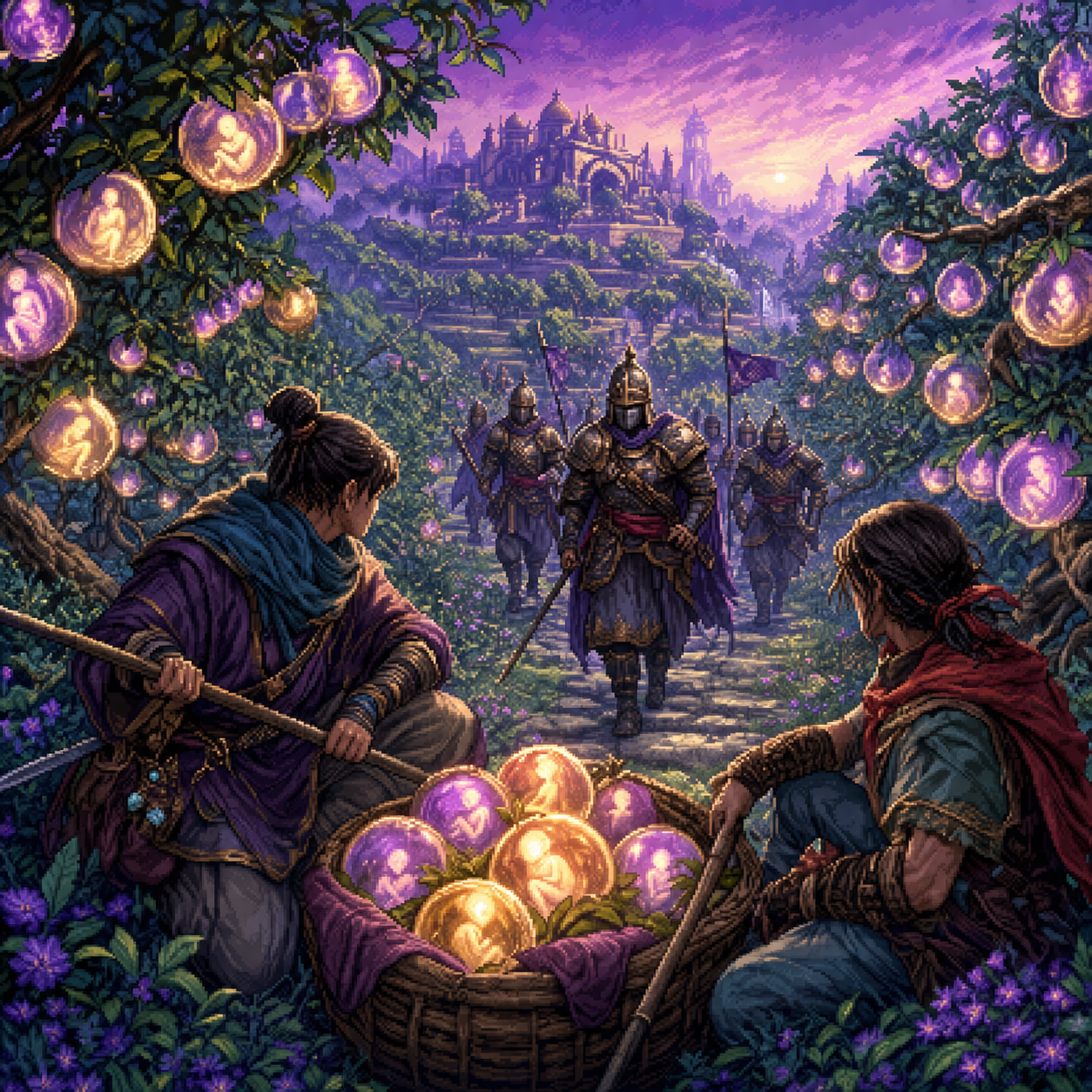 Pixel art scene of harvesters protecting glowing soul fruit in a terraced orchard