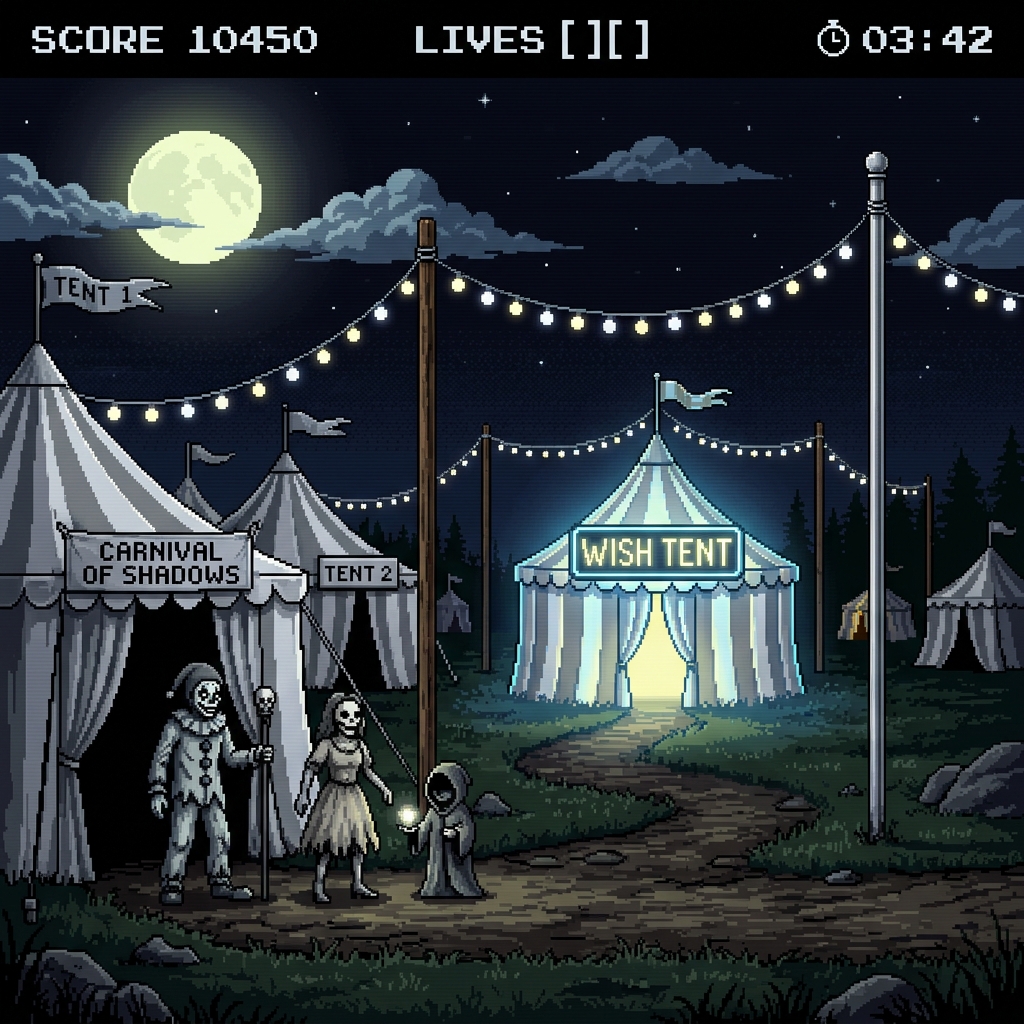 Pixel art silver and white carnival tents under a pale moon with eerie performers at the entrance