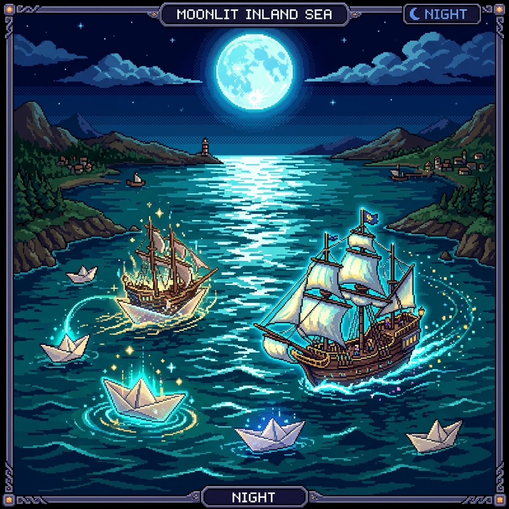Pixel art moonlit inland sea with magical paper boats transforming into full sailing ships on glowing water