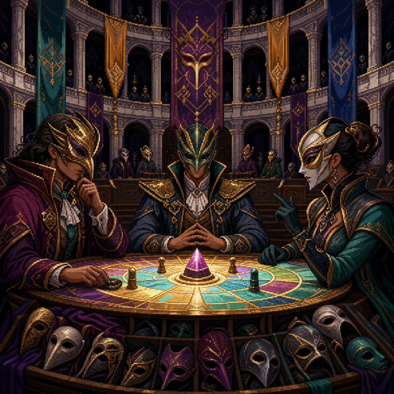 Pixel art scene of masked diplomats negotiating in a grand legislative chamber
