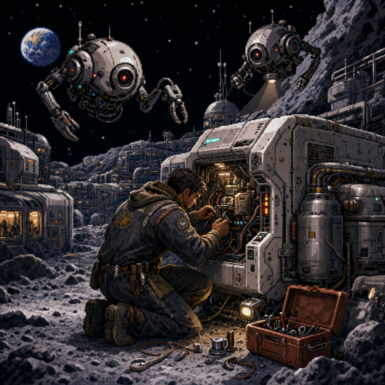 Pixel art lunar mechanic repairing life-support equipment in a cramped colony corridor