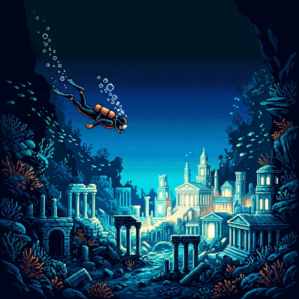 Pixel art diver descending toward a glowing submerged ancient city, pearl light illuminating the ruins below