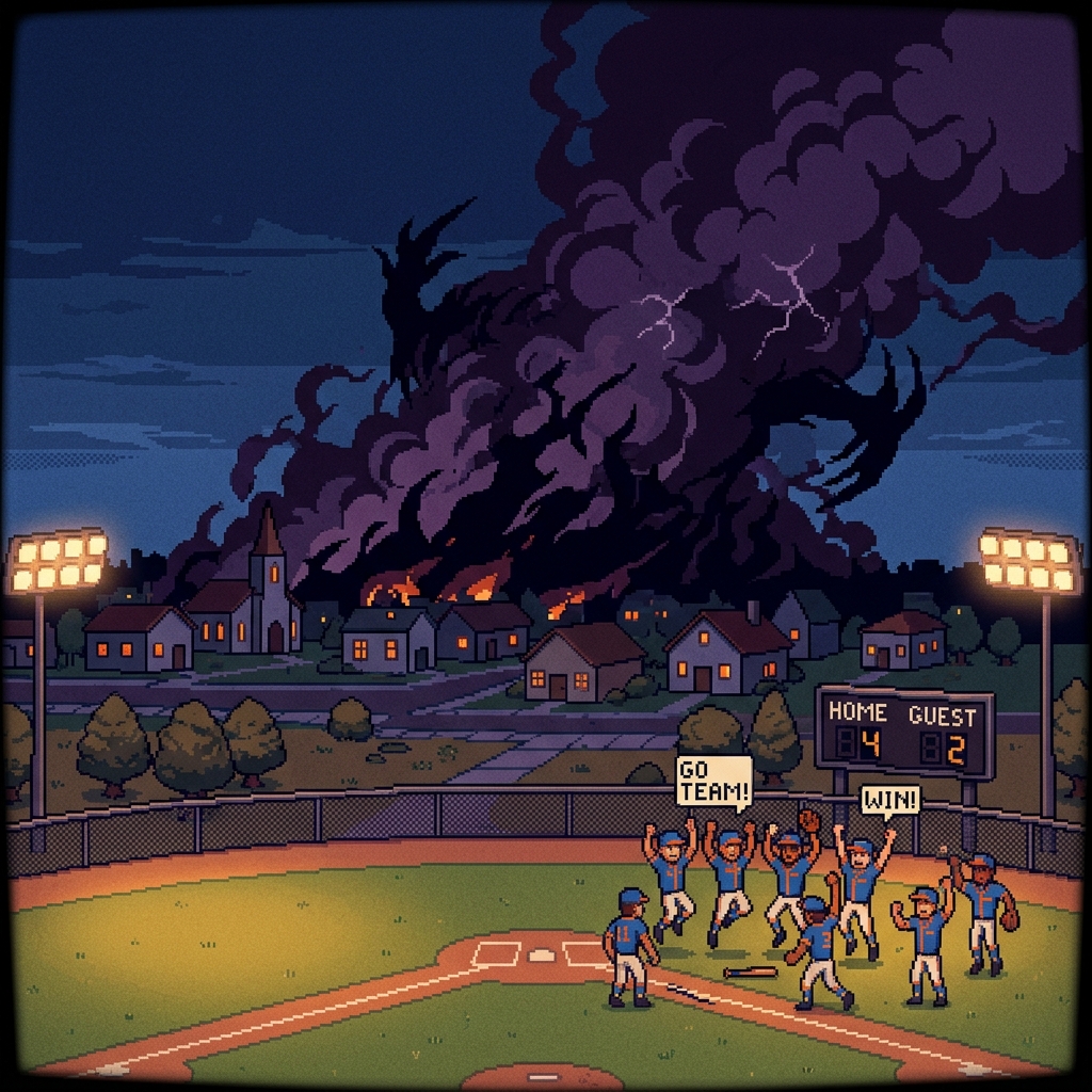 Pixel art sports team celebrating a victory while dark shadows gather over the town behind them