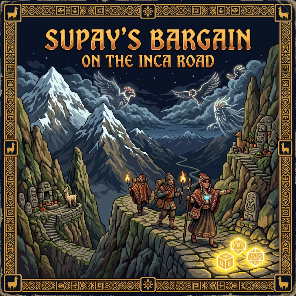 Pixel art cover of Supay's Bargain showing Qhapaq-Nan mystics on a high mountain road between towering peaks with spirit forms visible in the clouds above