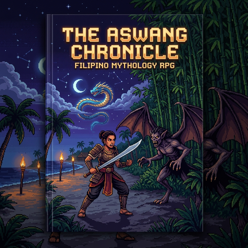 Pixel art cover of The Aswang Chronicle showing a Filipina warrior facing an Aswang with a Bakunawa serpent in the sky