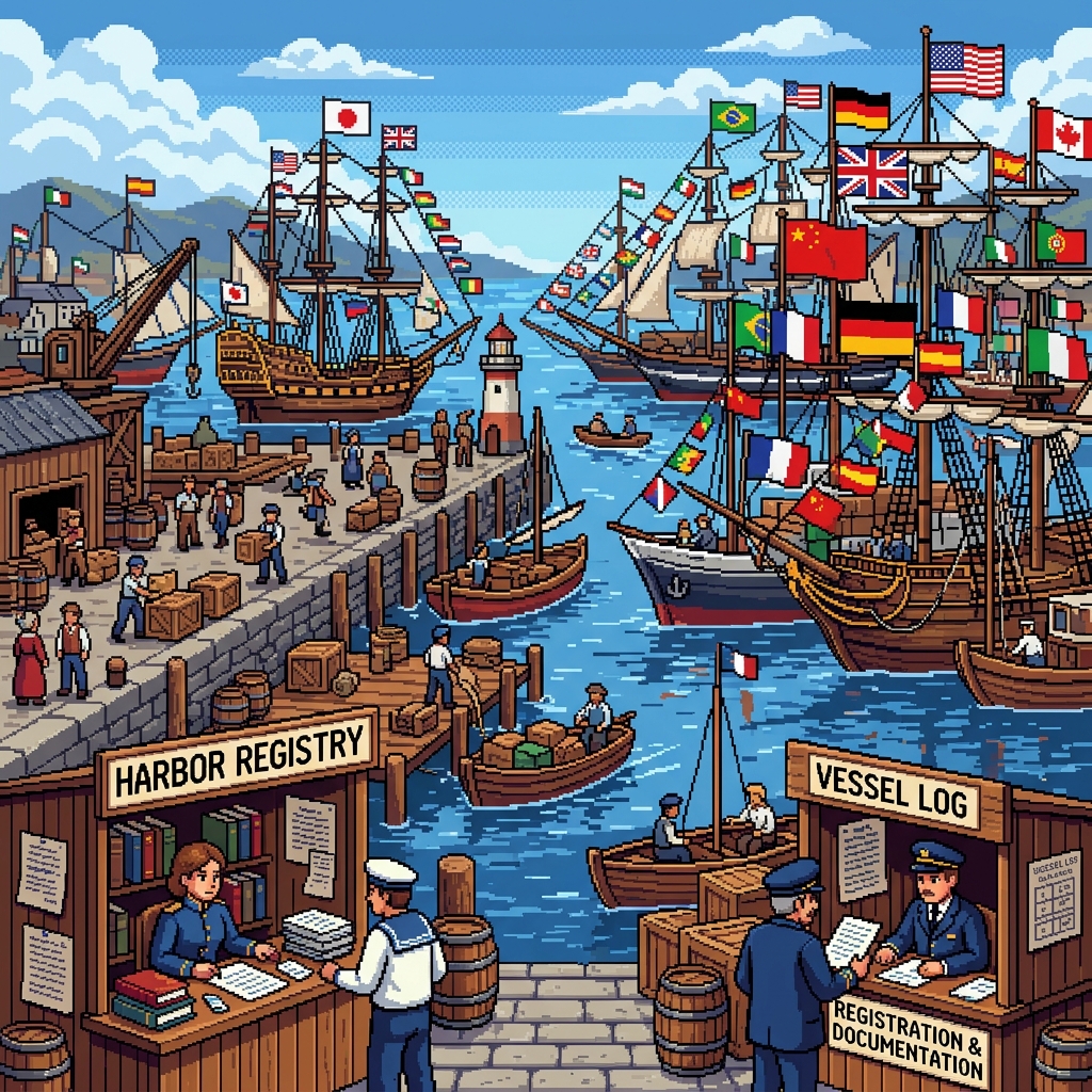 Pixel art busy port with ships flying dozens of different national flags, registry clerks at harborside booths
