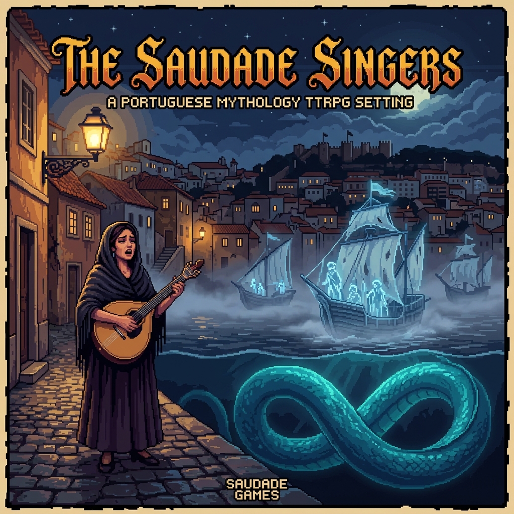 Pixel art cover of The Saudade Singers showing a fado singer on a Lisbon street with ghost ships in the Tagus River