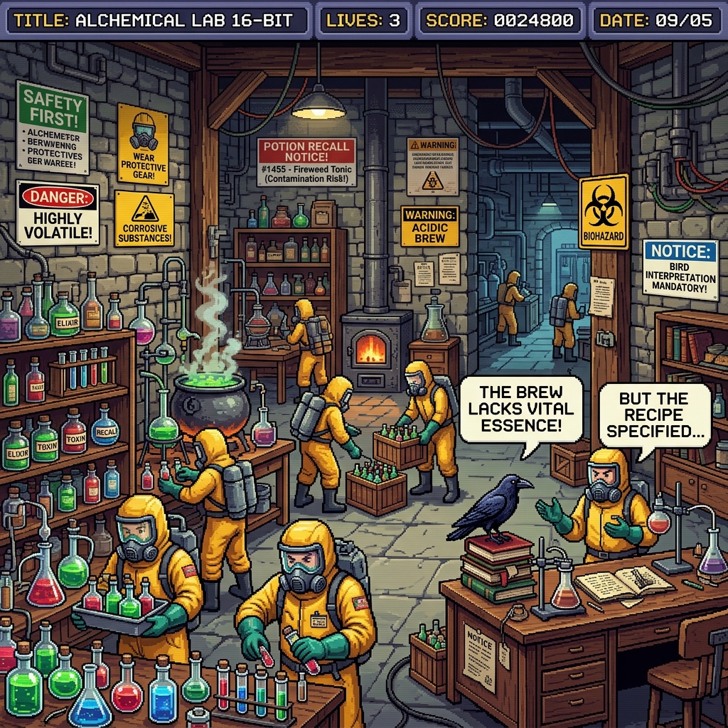 Pixel art alchemical lab with workers in hazard gear collecting potion bottles, a bird perched on a desk interpreting someone's speech