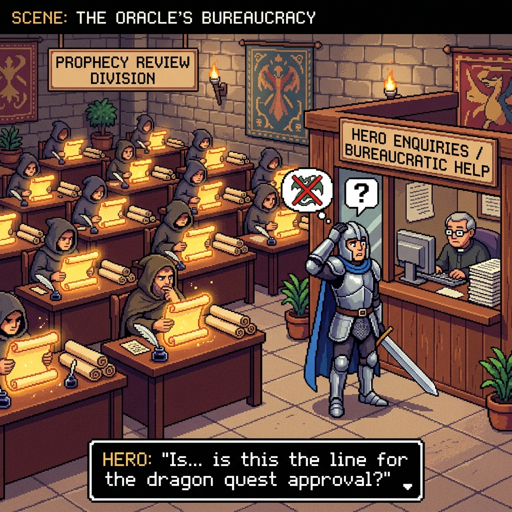 Pixel art office with clerks at desks reviewing glowing prophecy scrolls, a confused hero standing at a help desk window