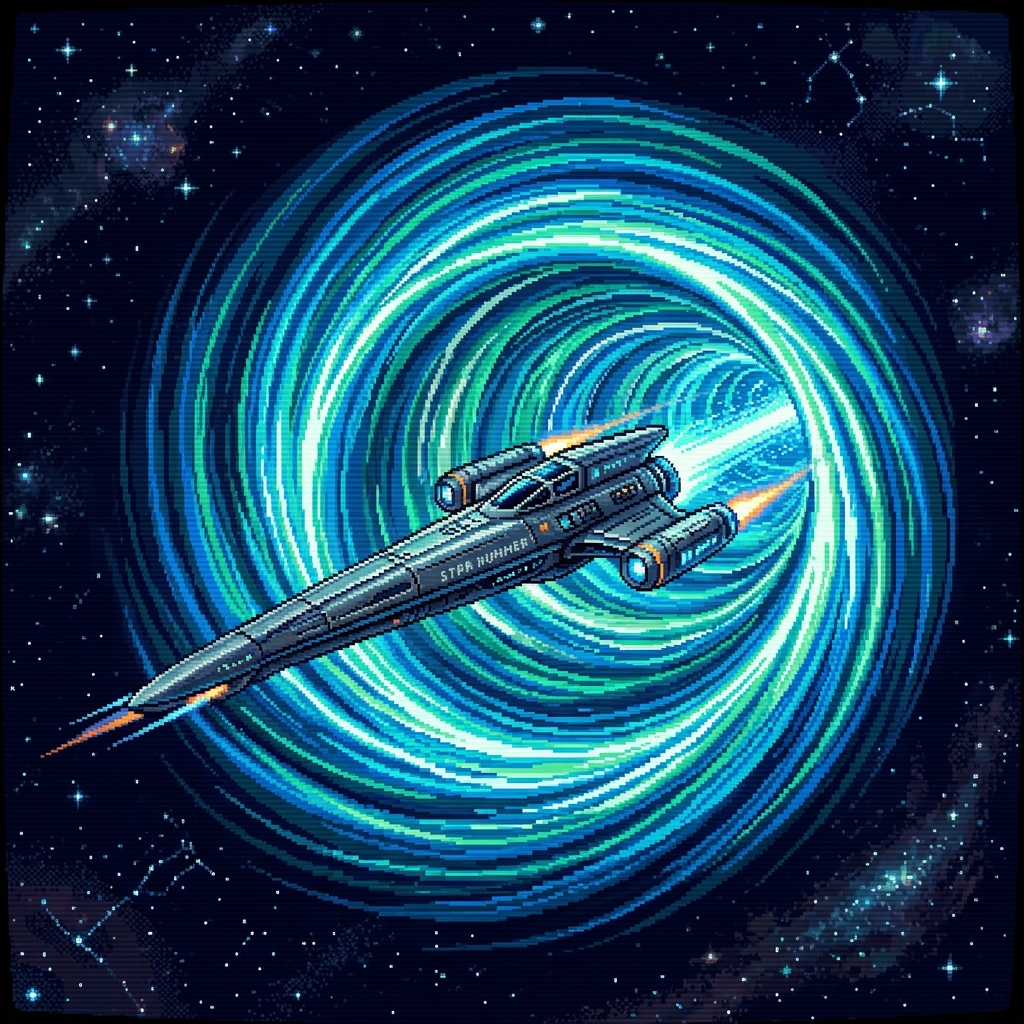 Pixel art sleek quantum courier ship jumping through a swirling blue wormhole portal in deep space