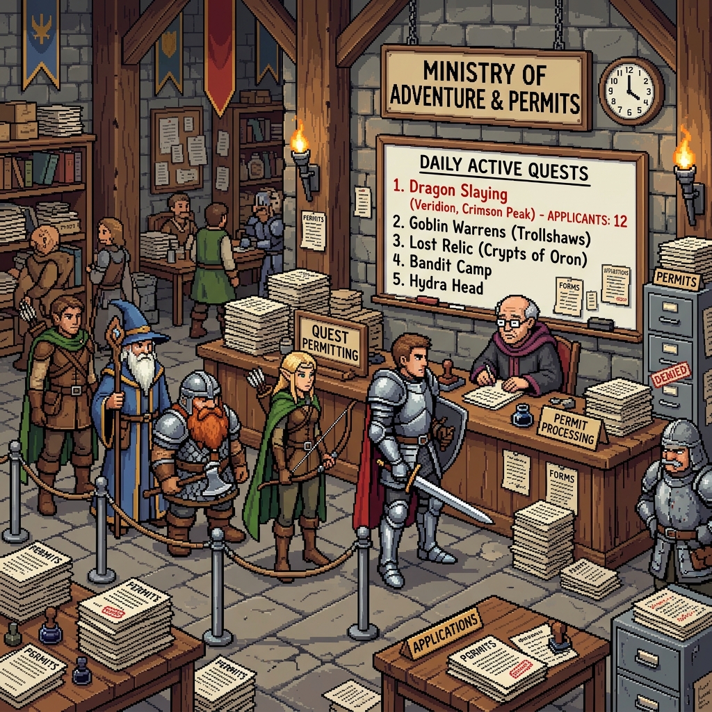Pixel art government office with adventurers waiting in line to file quest permit applications, a dragon listed on a whiteboard behind the clerk