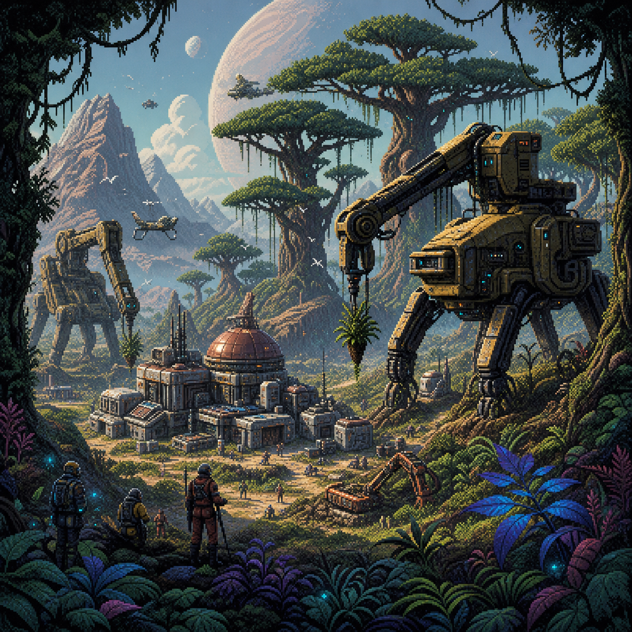 Pixel art frontier settlers watching autonomous machines reshape a distant hillside