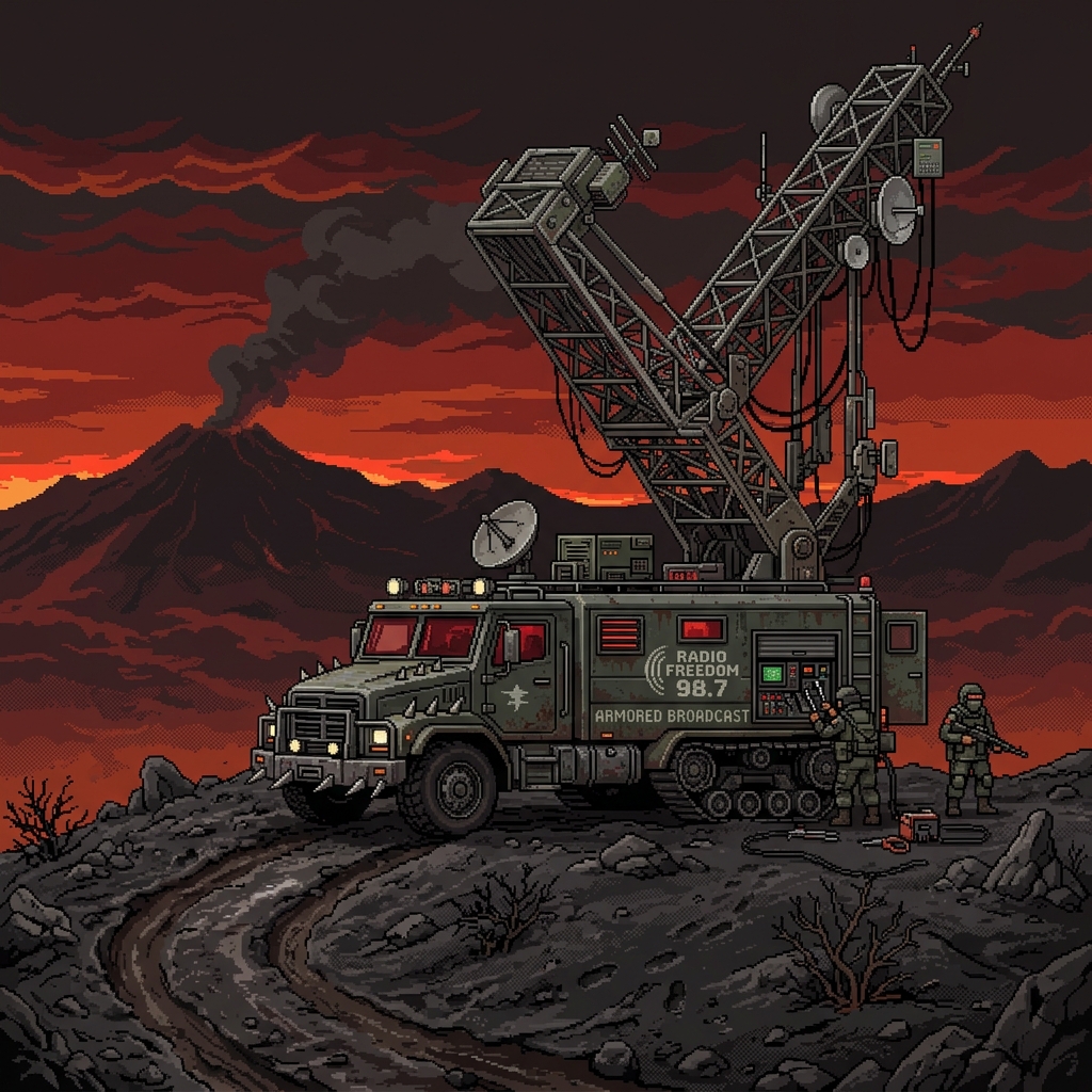 Pixel art armored radio broadcast truck with a massive folding antenna tower parked on a dark ash-covered hill under red skies