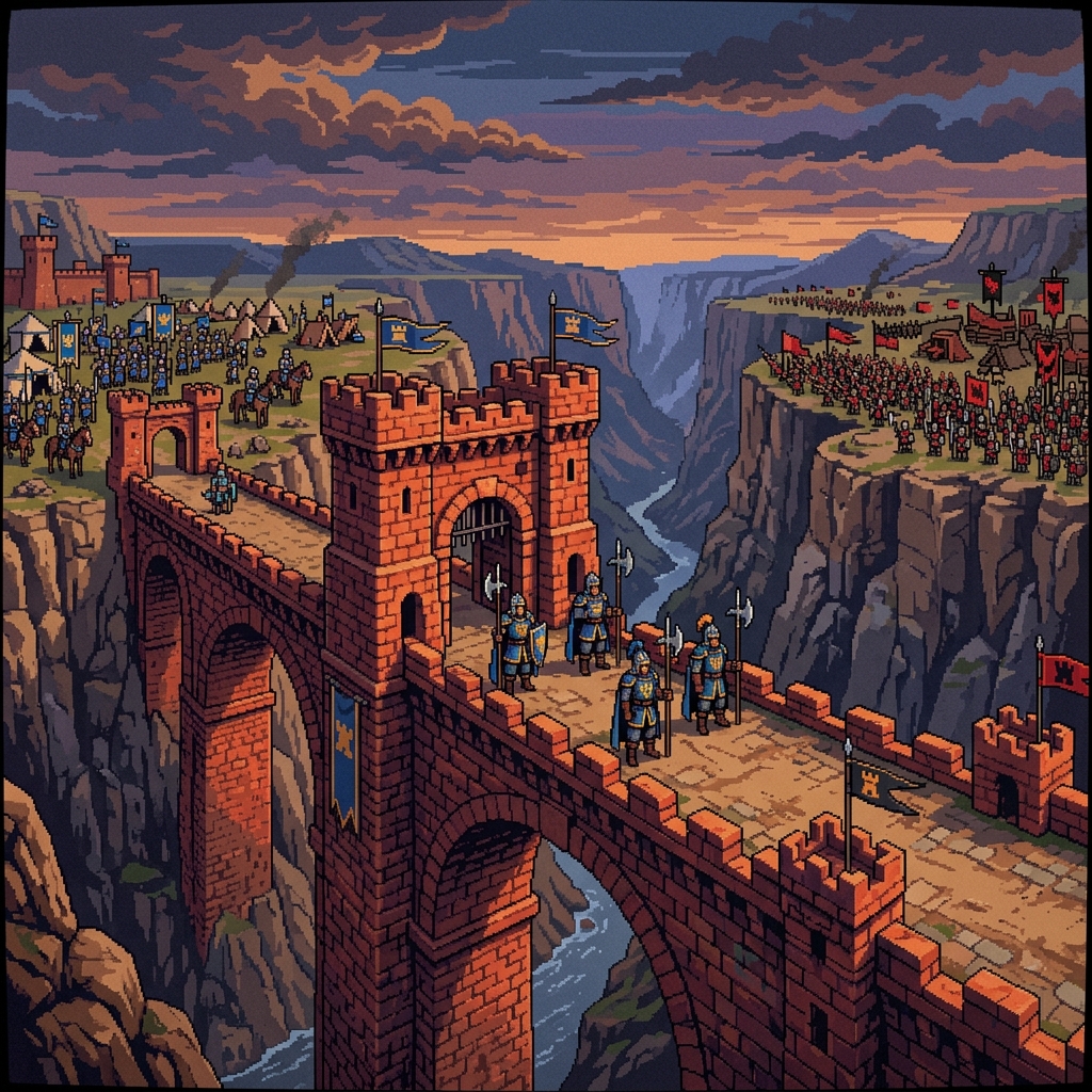 Pixel art bridge-keepers standing on a red stone bridge spanning a vast canyon