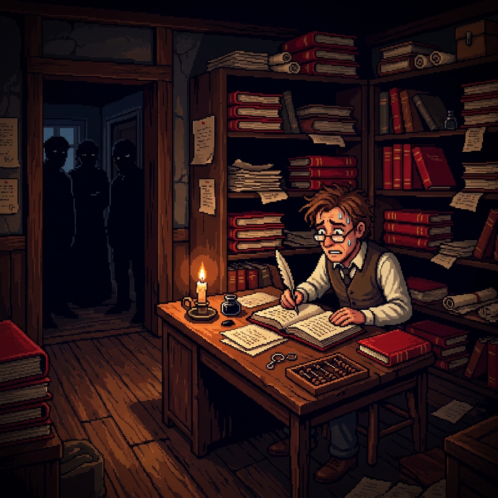 Pixel art dim accounting office with red-bound ledgers, a nervous bookkeeper, shadowy figures in the background, candle lighting