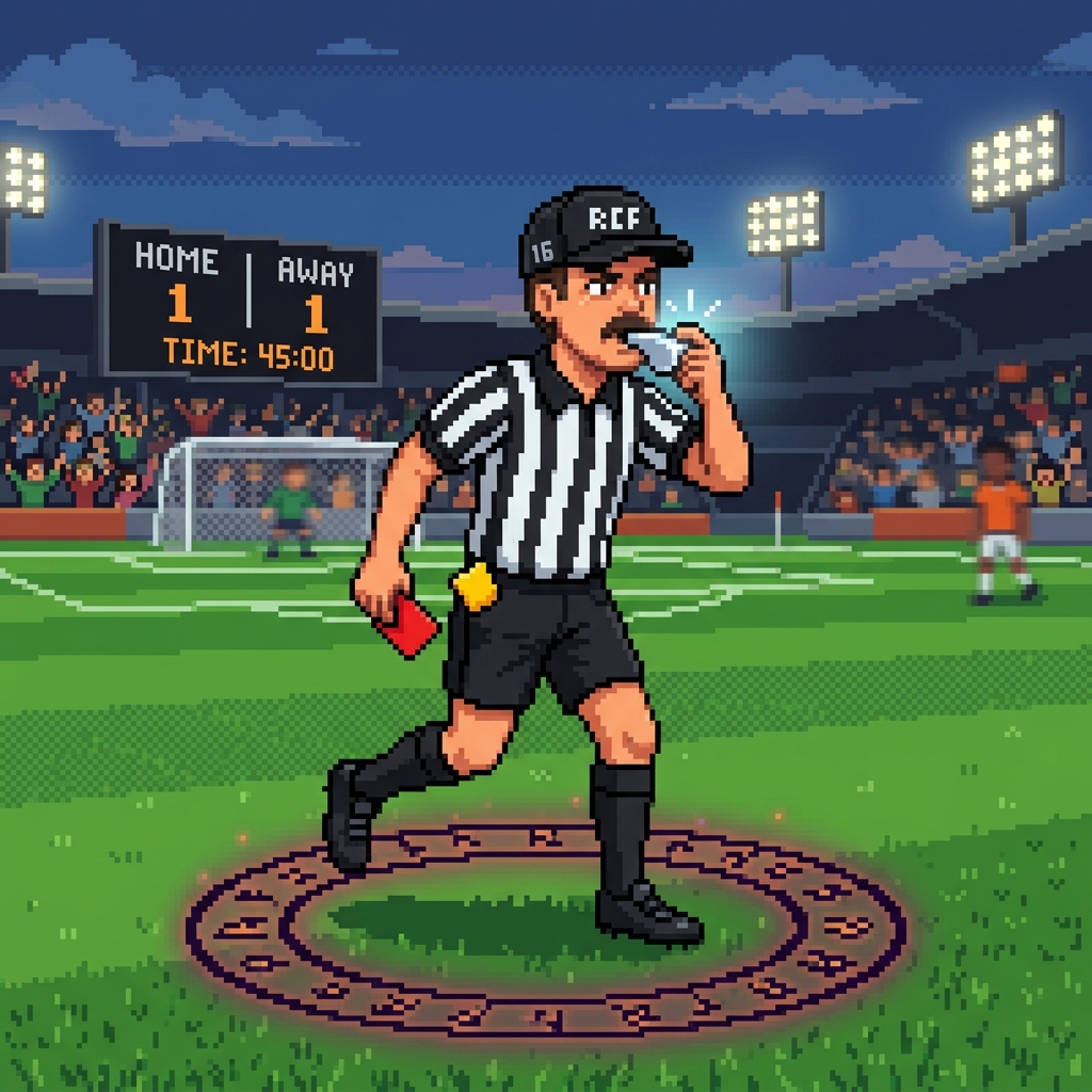 Pixel art sports referee blowing a glowing silver whistle on a field as dark magical shadows gather unnoticed by players