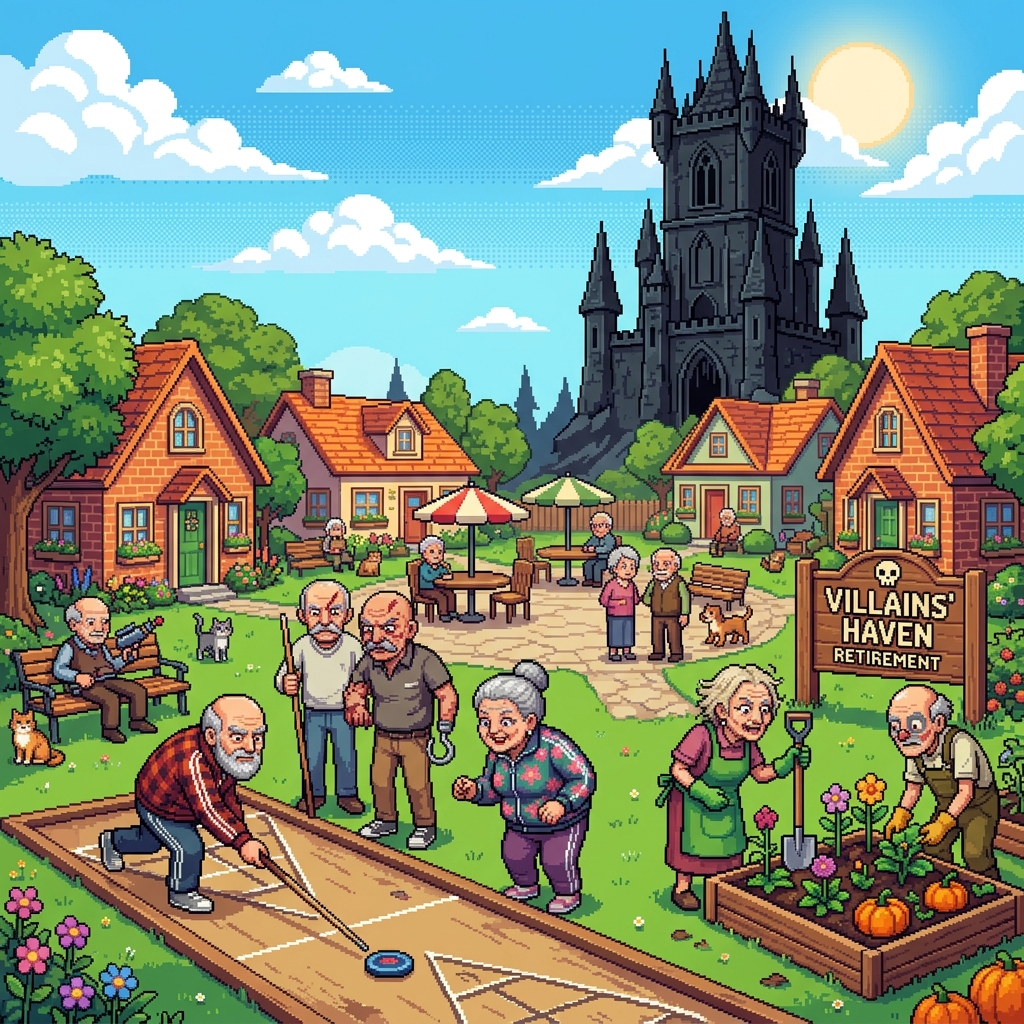 Pixel art cheerful retirement community with former villains doing mundane activities, a dark tower visible in the background