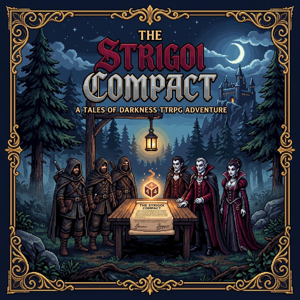Pixel art cover of The Strigoi Compact showing Cunnoateri negotiators meeting with Strigoi in a Transylvanian forest clearing under moonlight with a formal document between them