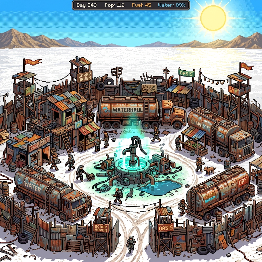 Pixel art wasteland settlement built from scrap metal and rusted tanker trucks surrounding a glowing water well in a vast white salt desert