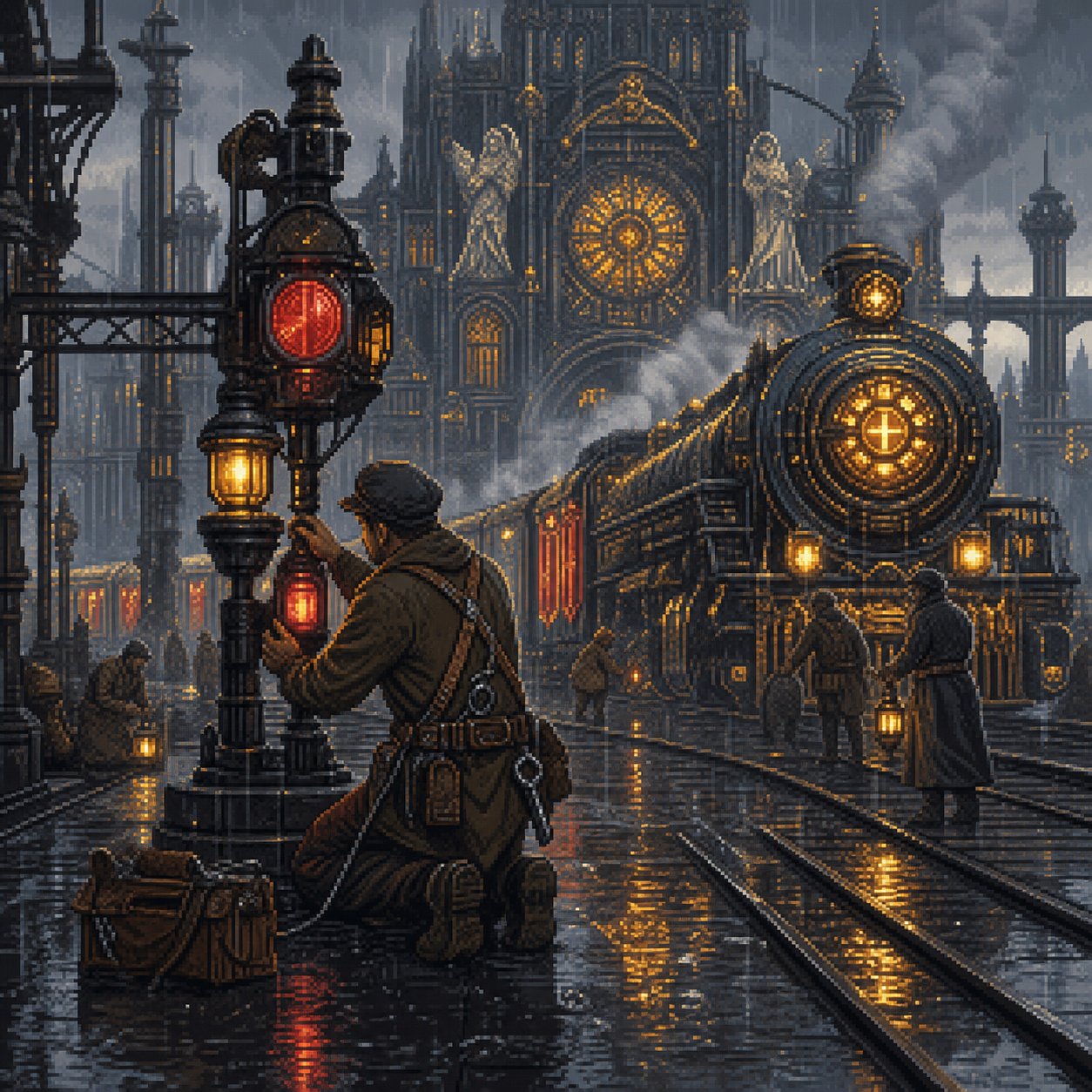 Pixel art railworkers tending glowing signals beside a sacred train