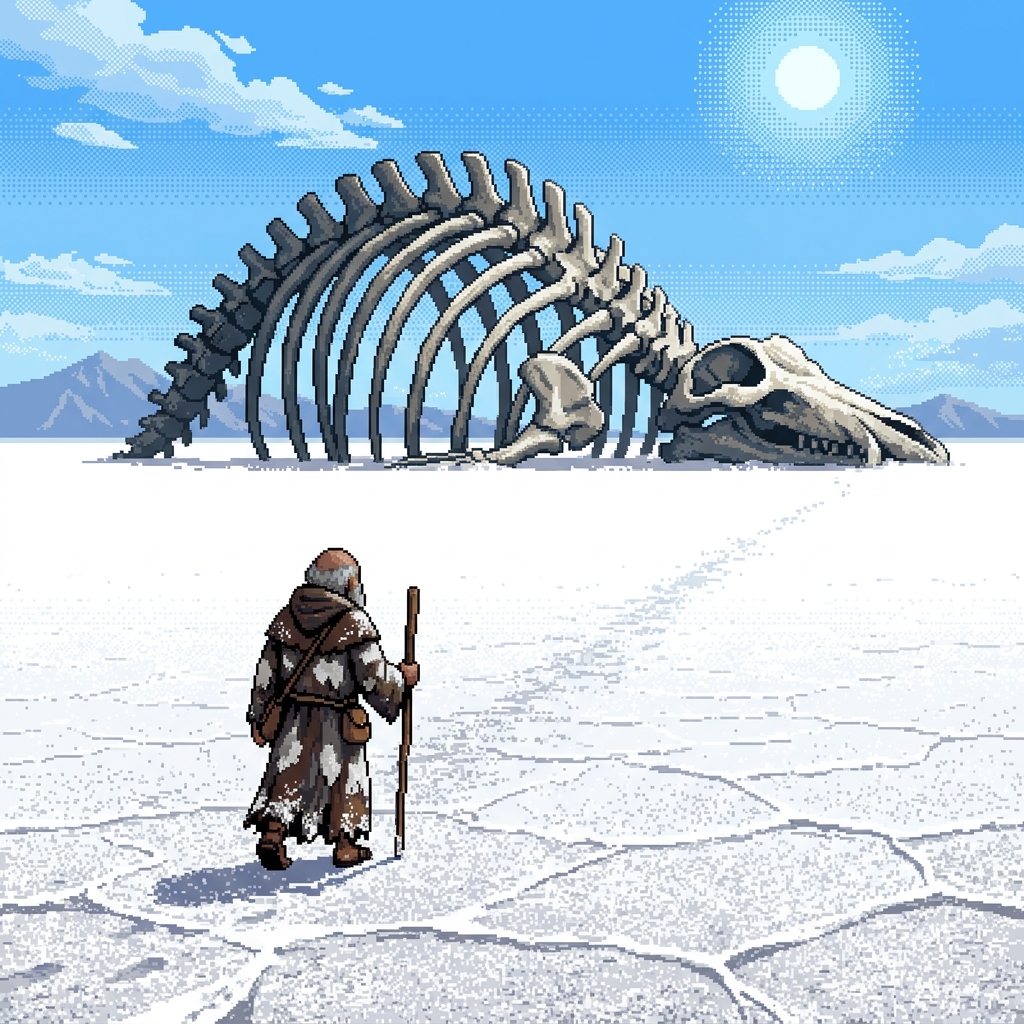 Pixel art lone monk in salt-encrusted robes walking across a blinding white salt flat toward a massive ribcage of an ancient leviathan