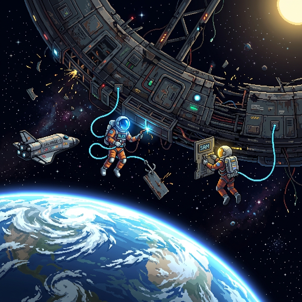 Pixel art spacewalk salvage crew tethered to a massive derelict orbital ring section with earth glowing far below