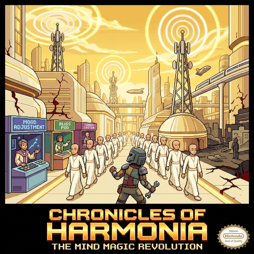 Pixel art cover of The Accord of Minds showing blissful synchronized citizens, compliance broadcast towers, and one resistance member in a shielded helmet