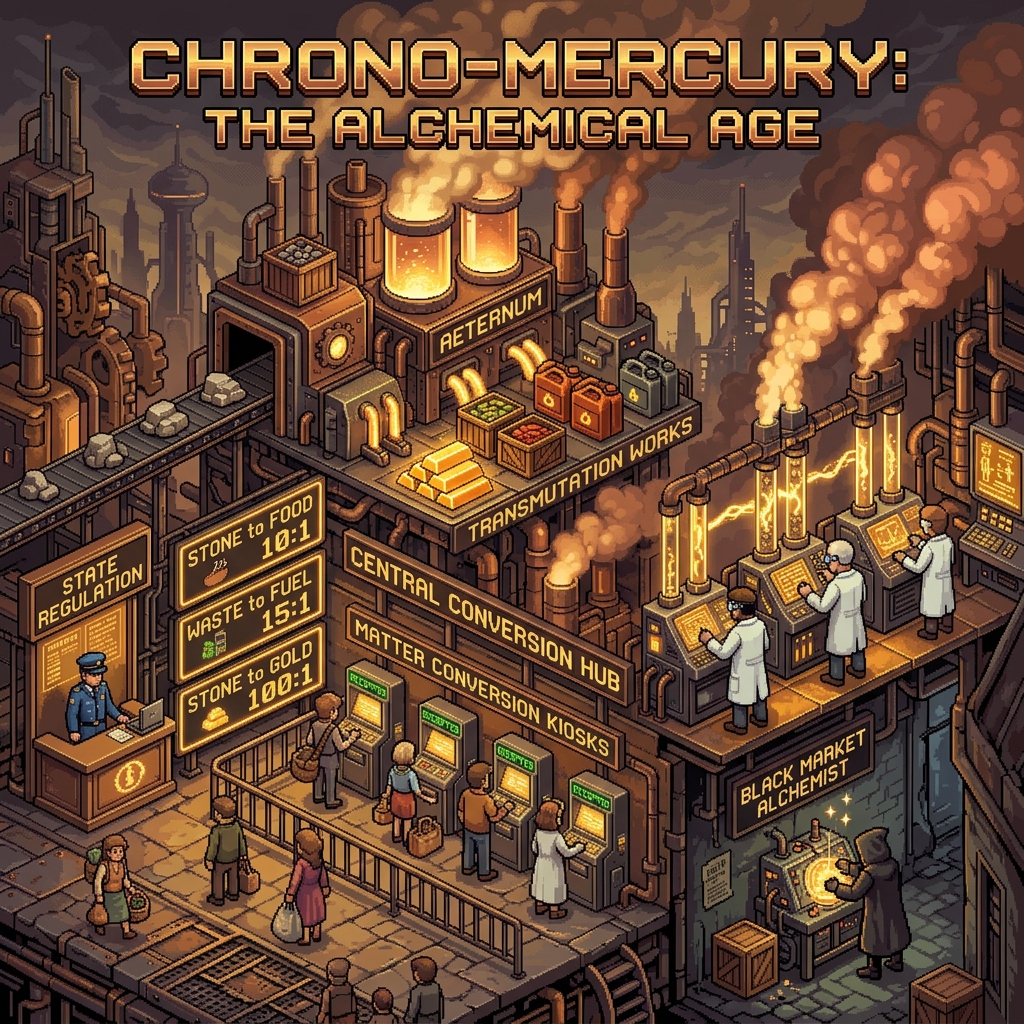 Pixel art cover of The Alchemical Republic showing transmutation factories, matter conversion kiosks, a black market alchemist, and citizens lining up for legal conversions
