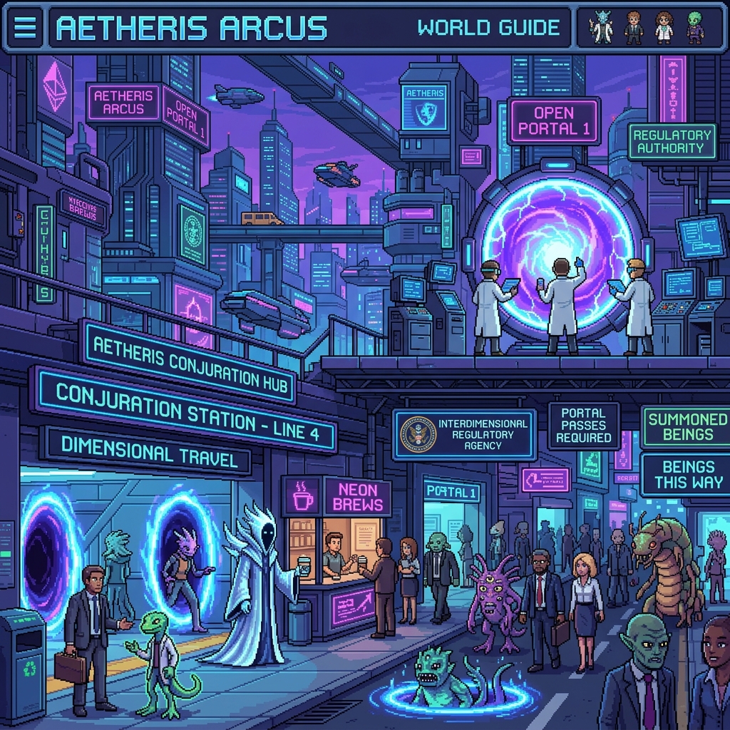 Pixel art cover of The Conjurer's Compact showing alien entities and humans at a dimensional transit hub with glowing portal stations in a futuristic city