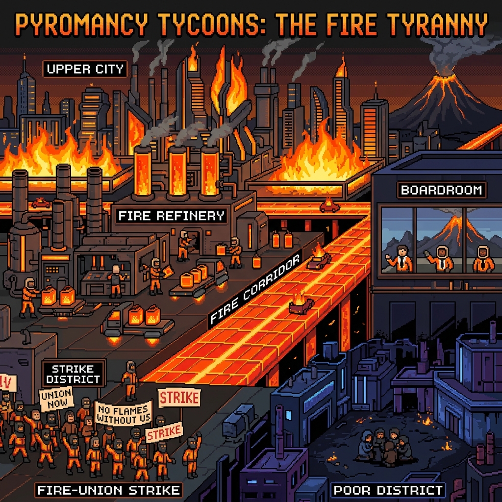 Pixel art cover of The Ember Syndicate showing fire refineries, a fire union strike, pyromancer workers on fire corridors, and a cold dark district in the background