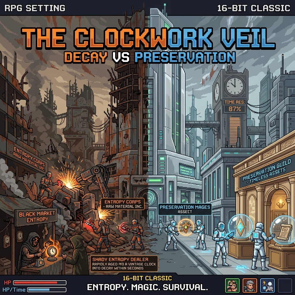 Pixel art cover of Entropy Corps showing a city half-decayed and half-pristine, entropy engineers demolishing buildings, preservation mages protecting artworks, and a black market dealer aging objects