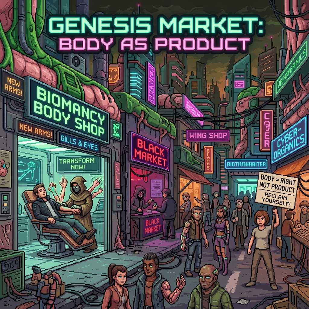 Pixel art cover of Flesh Markets showing body modification shops, a biomancer working on a client, black market mods, and a form rights activist on a neon-lit street