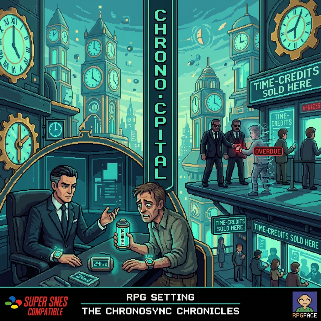 Pixel art cover of The Fractured Clock showing a time-broker selling minutes to a desperate client, time-debt collectors, and multiple clock towers showing different times